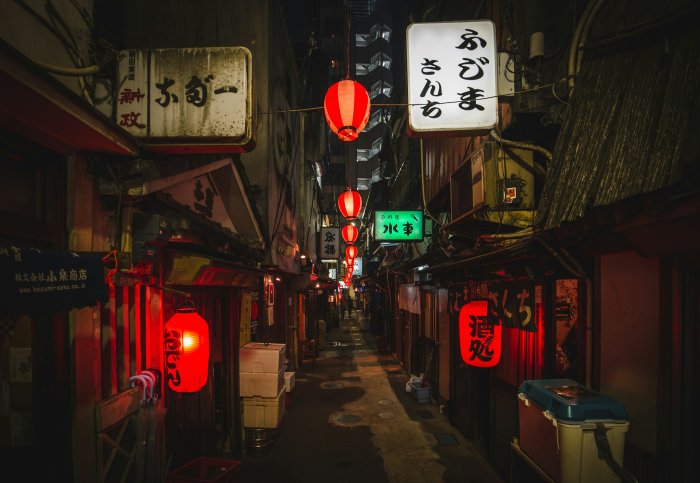 Narrow Tokyo Alleyway at Night with Red Lanterns