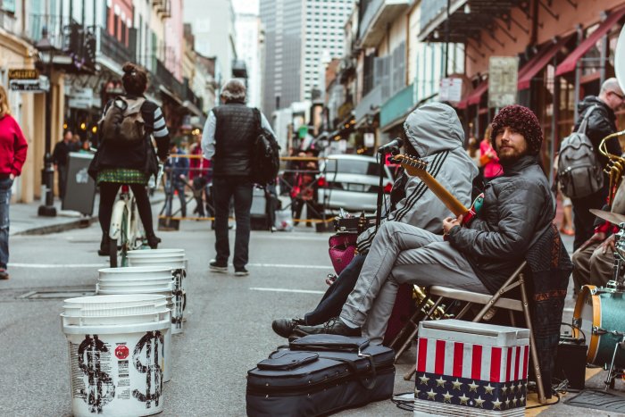Street musicians performing on a city street