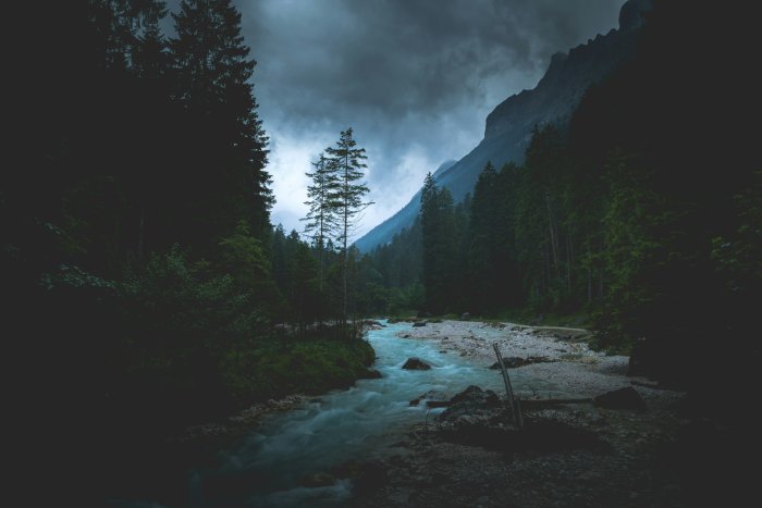 Flowing river through a dark pine forest valley