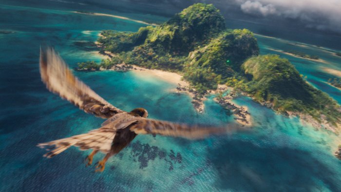 Maui in hawk form flying over island in Moana