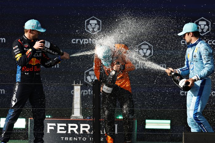 Max Verstappen, Lando Norris, and Charles Leclerc Podium Celebration