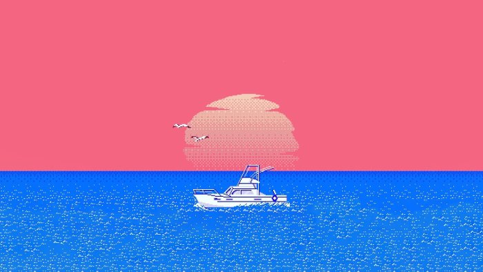 Pixel Art Boat on Ocean with Pink Sunset