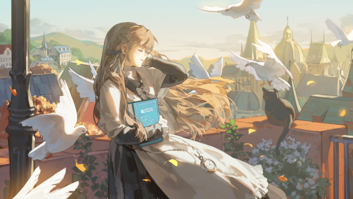 Anime Girl with Book, Doves, and Cat on Rooftop