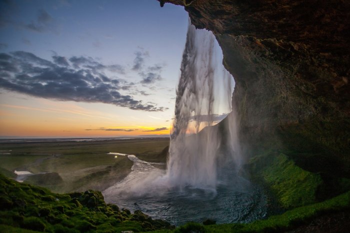 Seljalandsfoss Waterfall in Iceland at Sunset