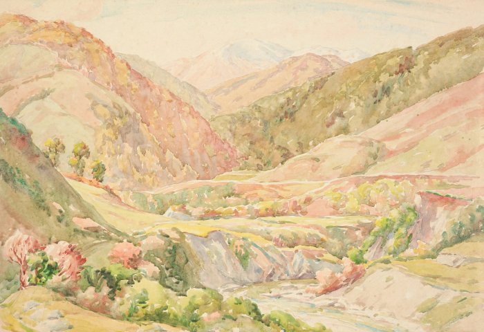 Watercolor Painting of New Zealand Mountain Landscape by Roland Hipkins