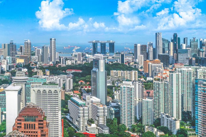 Aerial View of Singapore Skyline with Marina Bay Sands