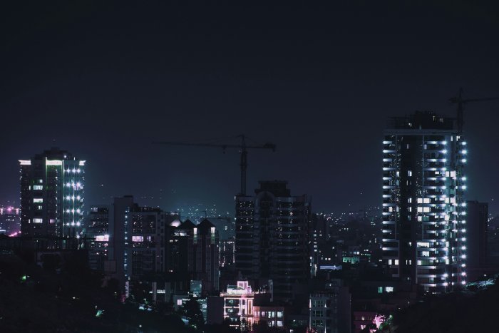 City skyline with high-rise buildings at night