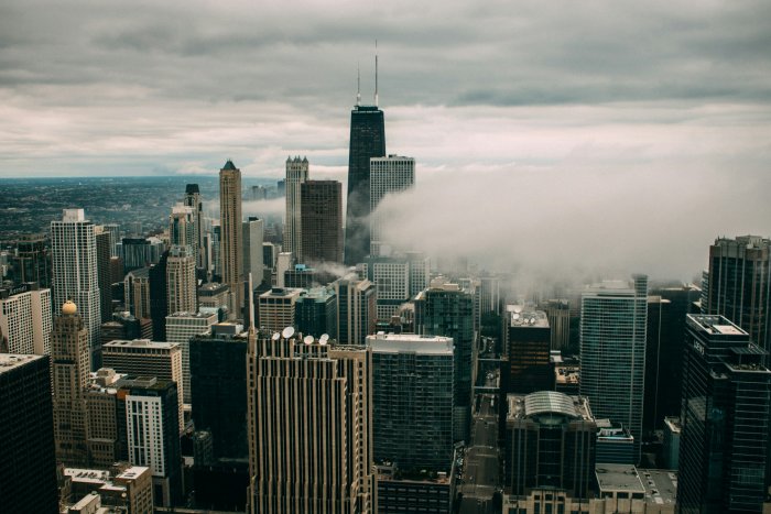 Aerial View of Chicago Skyline with Fog