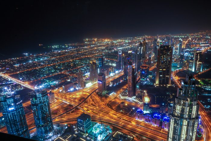 Aerial view of Dubai skyline at night