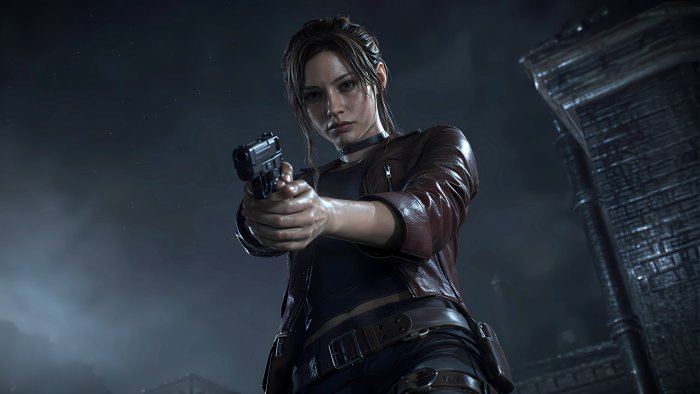 Claire Redfield aiming a gun in Resident Evil 2