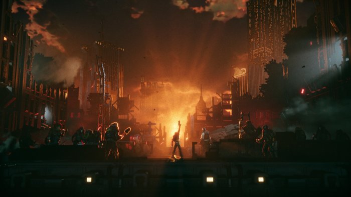 Pixelated characters in a ruined city from Replaced