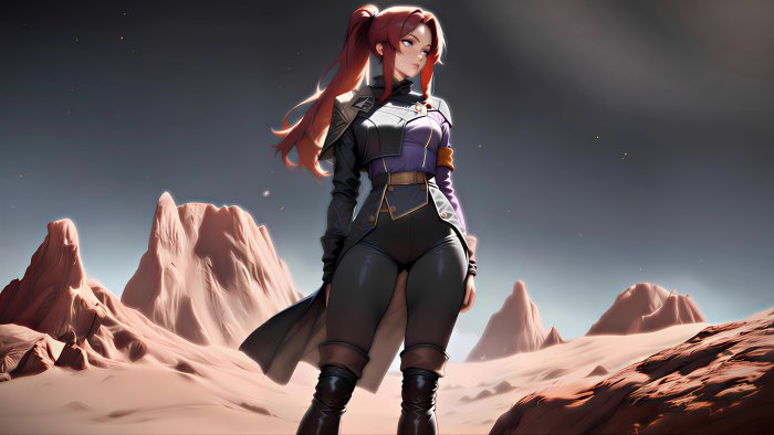 Red-haired anime girl in uniform on a desert planet