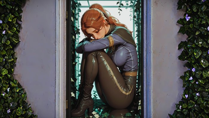 Sad Anime Girl Curled Up in a Glass Window