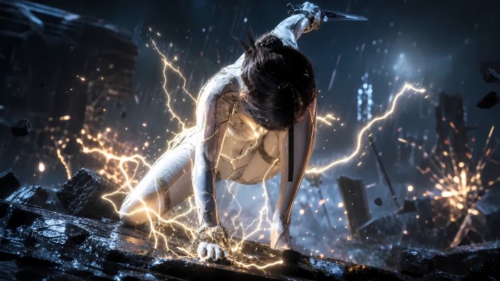 Eve crouching with lightning in Stellar Blade
