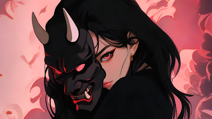 Anime girl with black hair and Oni mask