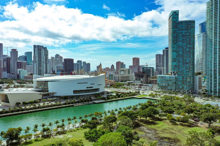 Miami Skyline with Kaseya Center and Park