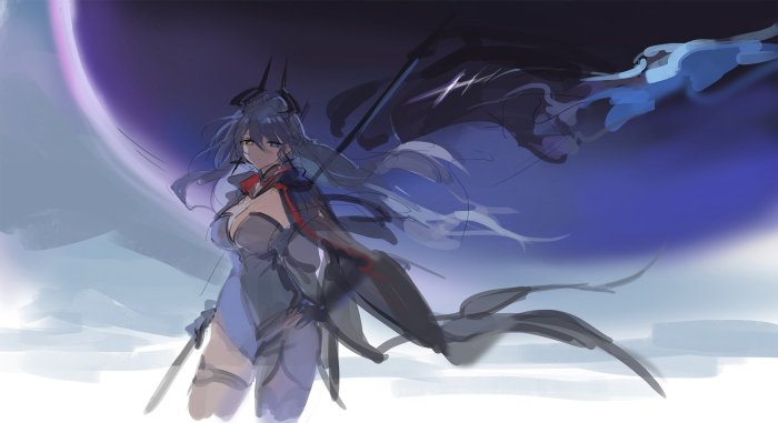 Anime girl with horns holding a flag digital sketch