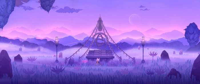 Yi from Nine Sols in a purple misty landscape