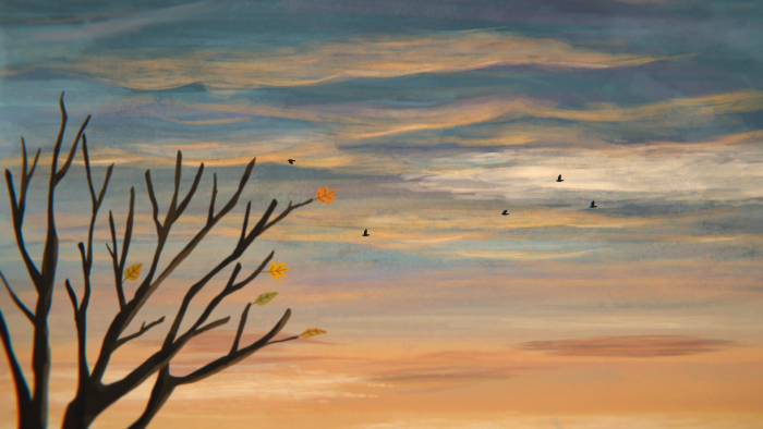 Artistic painting of a bare autumn tree at sunset
