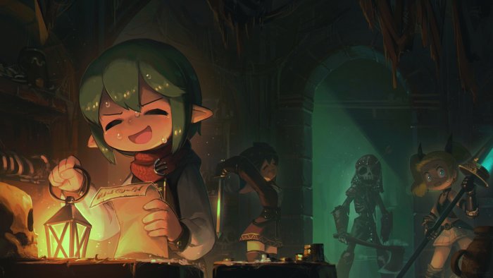 Nervous Anime Adventurers Exploring a Dark Dungeon