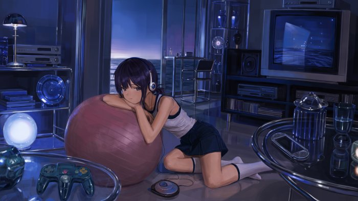 Anime girl with headphones leaning on exercise ball