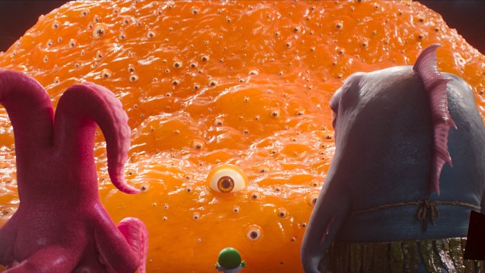 Monsters Looking at Giant Orange Blob in Monsters University