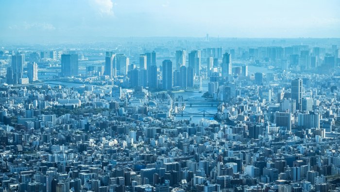 High Angle View of Tokyo City Skyline and River