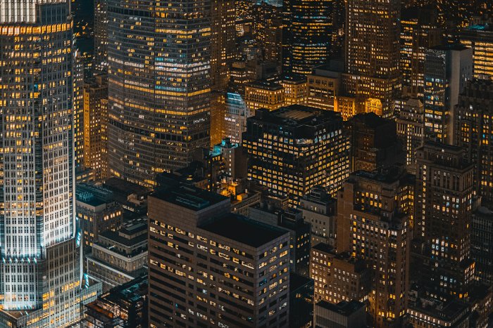Aerial View of City Skyscrapers at Night