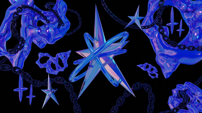 Abstract 3D Blue Chrome Stars and Chains