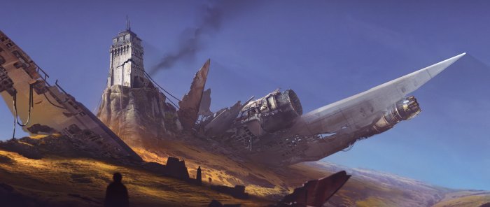 Crashed futuristic aircraft next to a stone tower