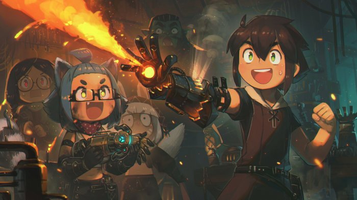 Anime characters testing a fire-shooting gauntlet by Porforever