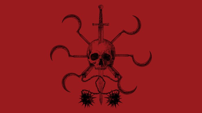 Dark Skull Emblem with Sword, Sickles, and Flails