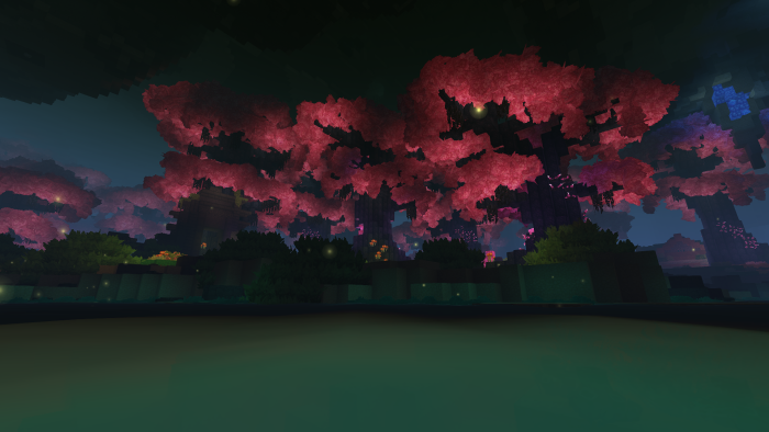 Voxel Style Pink Cherry Blossom Forest at Night