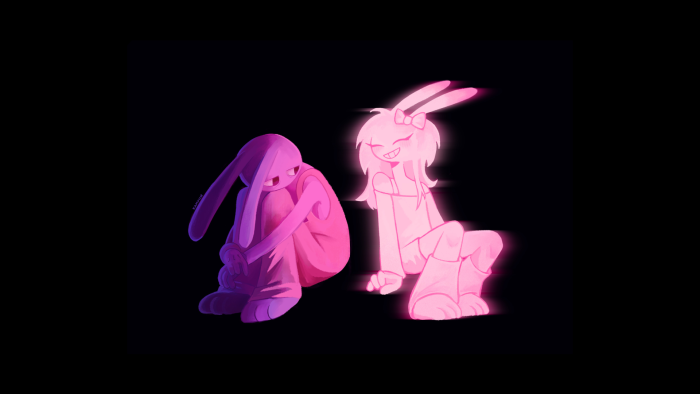 Jax from The Amazing Digital Circus and glowing pink bunny