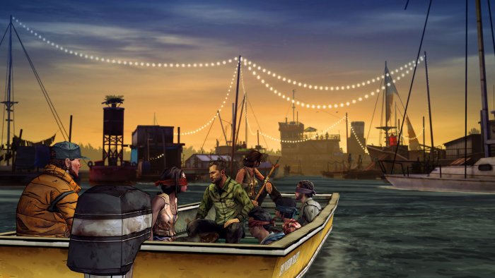 Michonne and survivors in a boat, The Walking Dead