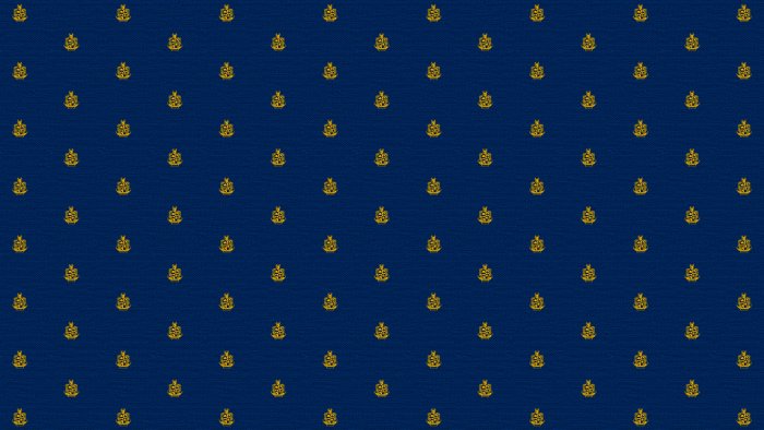 Repeating Gold Crest Pattern on Dark Blue Fabric