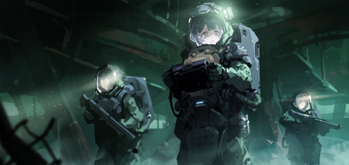 Sci-Fi Soldiers and Anime Girl Exploring Dark Ruins