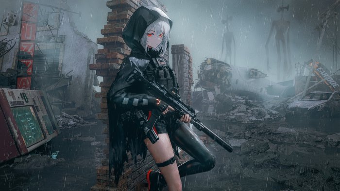 Tactical anime girl in ruined city with Siren Head