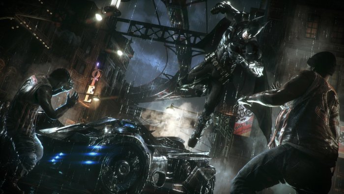Batman leaping from the Batmobile in Batman: Arkham Knight