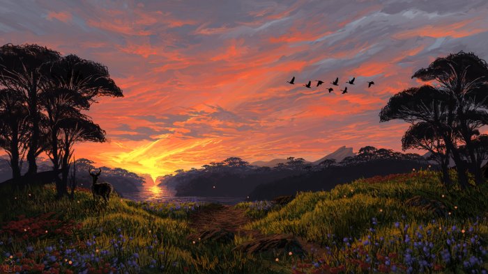 Sunset landscape painting with deer and flying birds