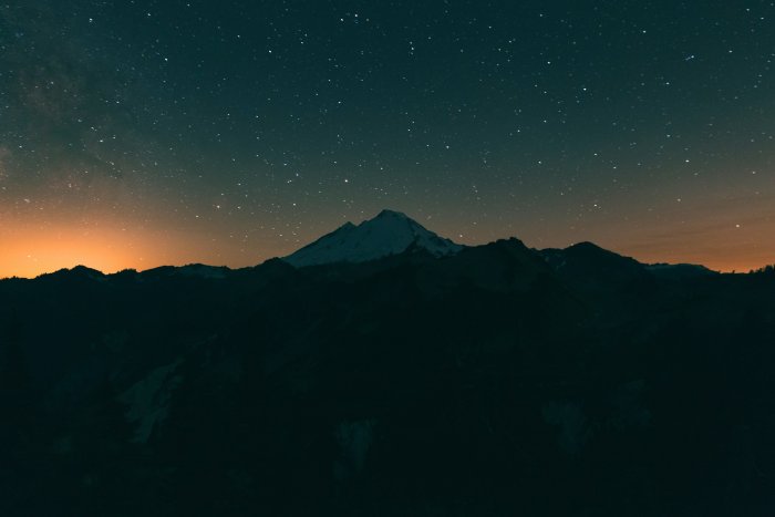 Mountain silhouette under a starry night sky