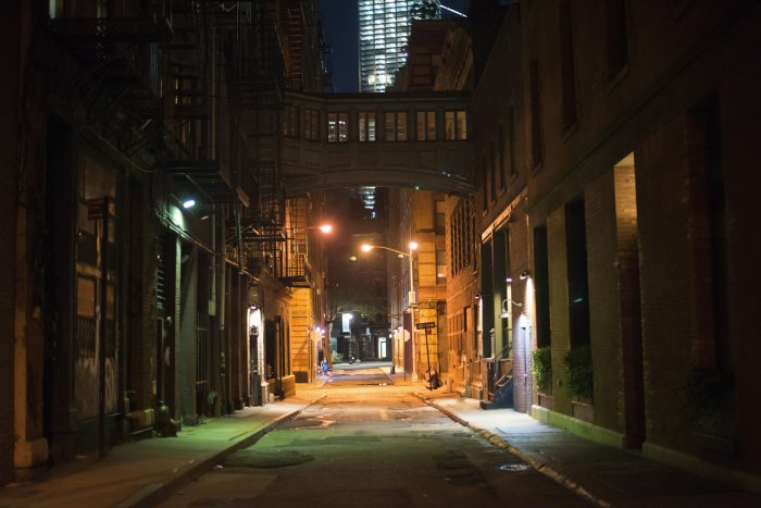 Empty Staple Street Skybridge in New York City at Night