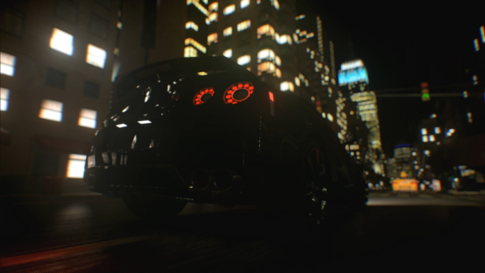 Black Nissan GT-R on a City Street at Night