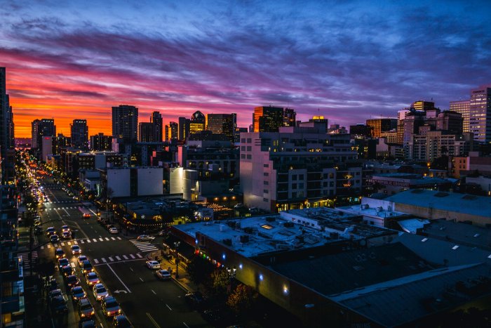 City Skyline and Traffic at Sunset