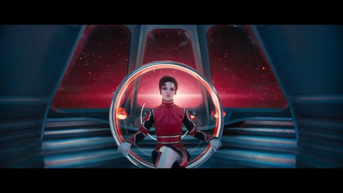 Woman in Red Sci-Fi Uniform on Spaceship