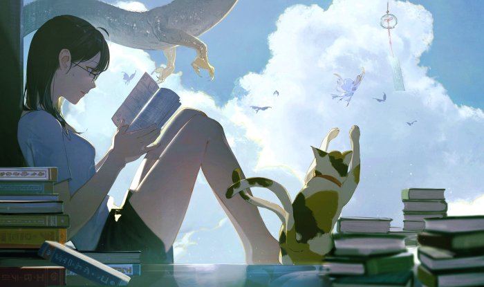 Anime Girl Reading Book with Cat and Dragon