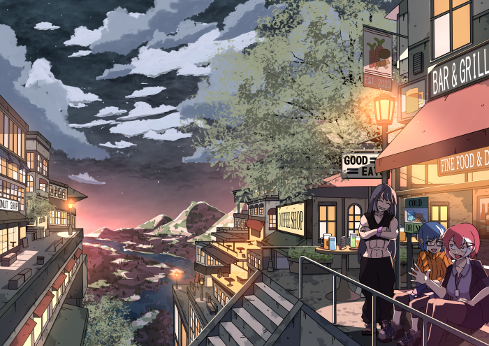 Three anime girls on a terrace overlooking a valley