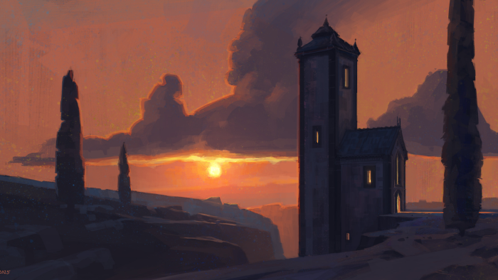 Digital painting of a stone tower at sunset
