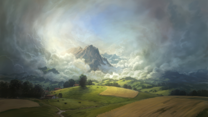 Landscape painting of green hills and a cloudy mountain