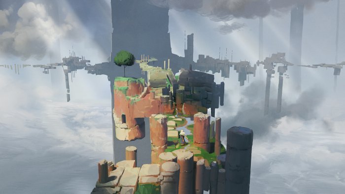 Lone traveler walking on floating ruins above the clouds